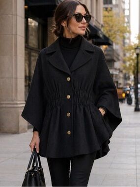 NWT Hilary Radley Black Wool Cinched Poncho Cape Coat Batwing-Sleeves Vintage M